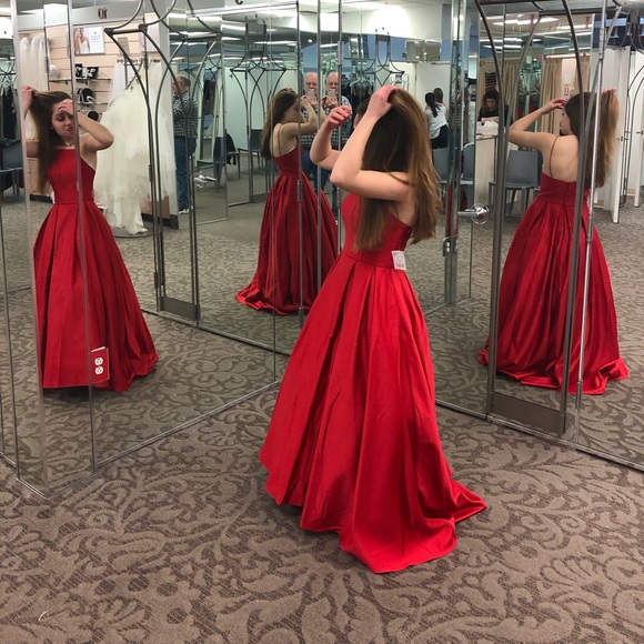 Red, High Neck, Satin Ballgown - Picture 2 of 3